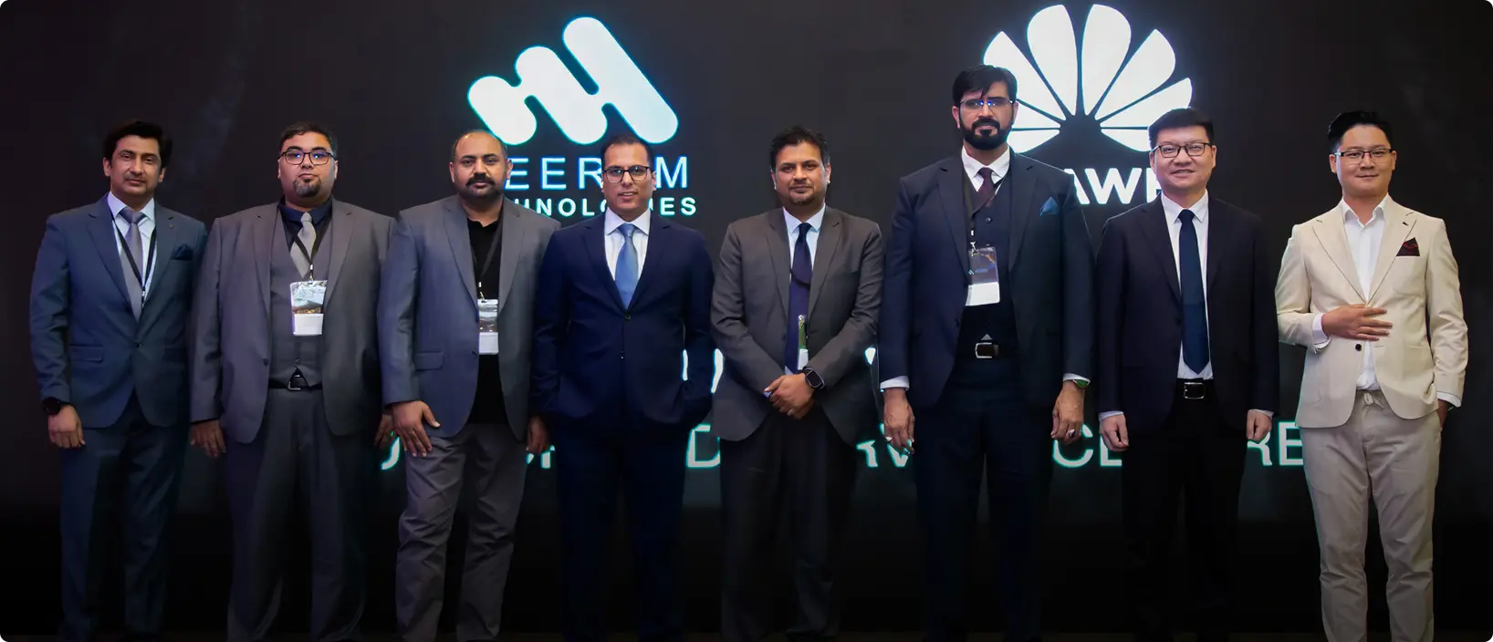 Meeram Technologies' senior executives stood together at the announcement event, highlighting their achievement as an Authorized Service Center for Huawei in the UAE. 