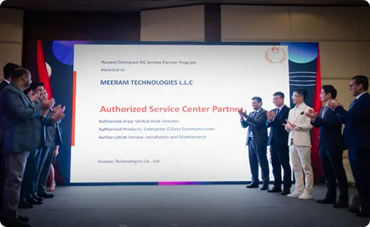 Meeram Technologies and Huawei executives clapping on stage in front of a screen announcing Meeram Technologies LLC as an authorized service partner.