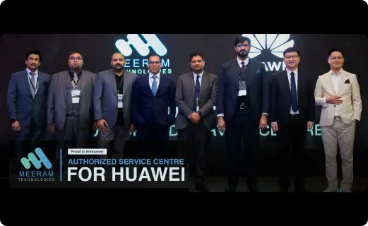 Meeram Technologies' senior executives stood together at the announcement event, highlighting their achievement as an Authorized Service Center for Huawei in the UAE. 